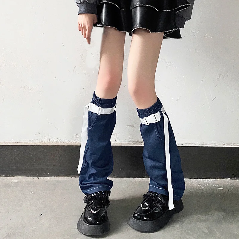 Y2k Girl Pocket Design White Strap Denim Leg Warmer Japanese Harajuku Women Solid Blue Long Sock Rock Street Korean Foot Covers