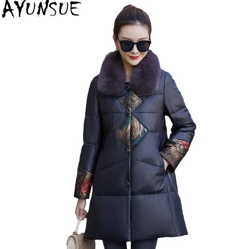 AYUNSUE 本革ダウンジャケット女性暖かいキツネの毛皮の襟冬服 2025 100% シープスキンコート女性のための Jaqueta Couro