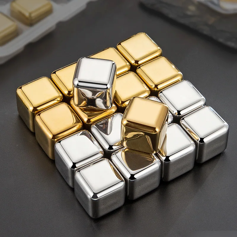 4/8 pièces Pierres à whisky en acier inoxydable dorées/argentées, glaçons réutilisables pour boissons, accessoires de bar pour rhum et cocktails