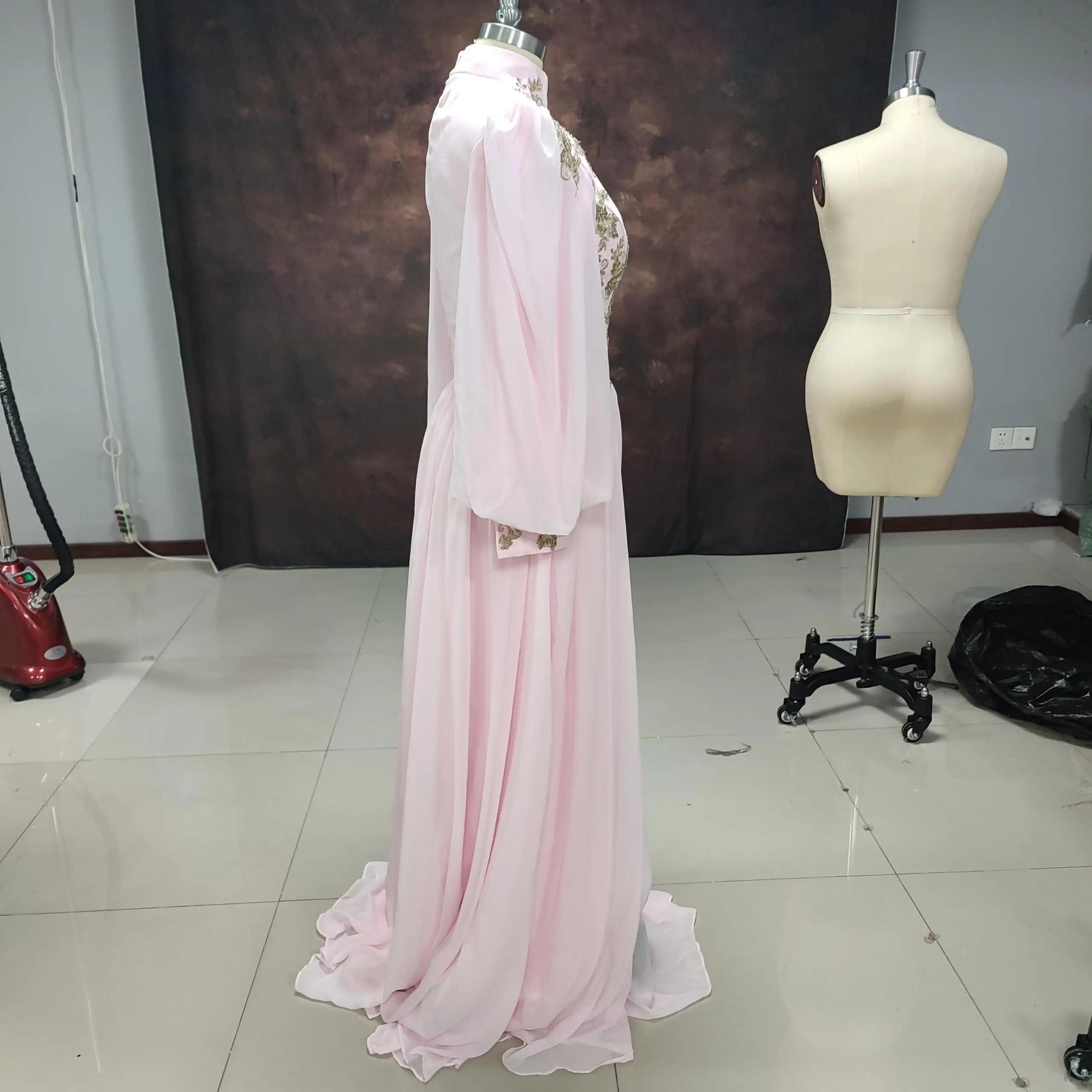 Sodigne árabe rosa cetim vestidos de festa de formatura mangas compridas puff feminino formal vestidos de baile especial vestido de festa para casamento