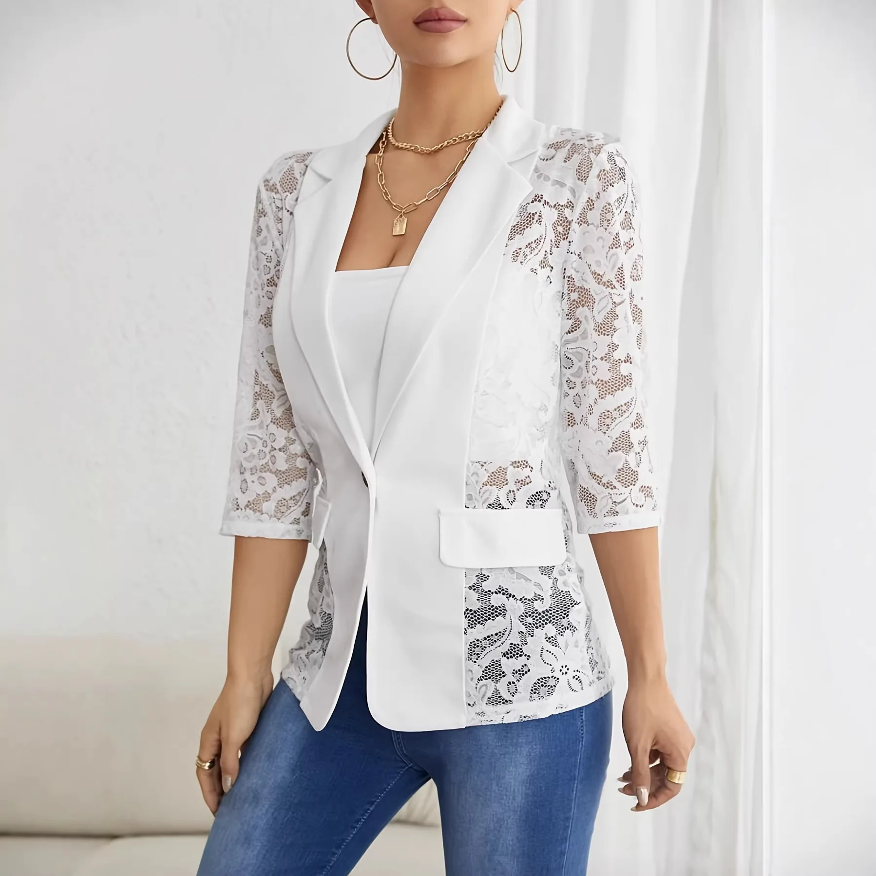 

Весна 2026: Новый элегантный однотонный модный блейзер с кружевными вставками для женщин, модель Cw74389