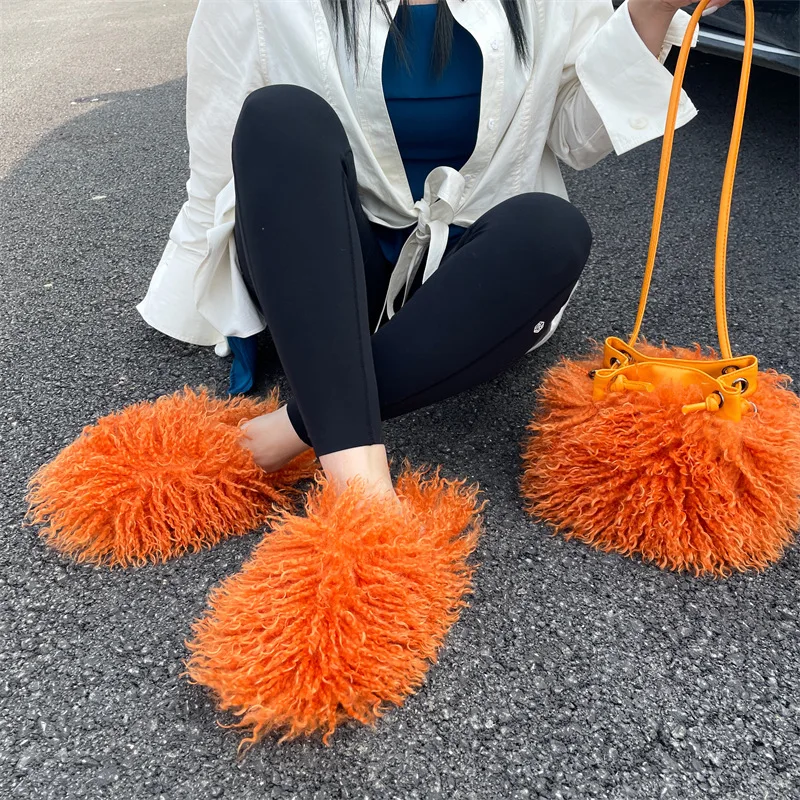 Sweet Kawaii Candy Furry Mules Women Home Slides Luxury Fluffy Faux Fur Flip Flops Female Y2k Street Fashion Girls Plush Slipper