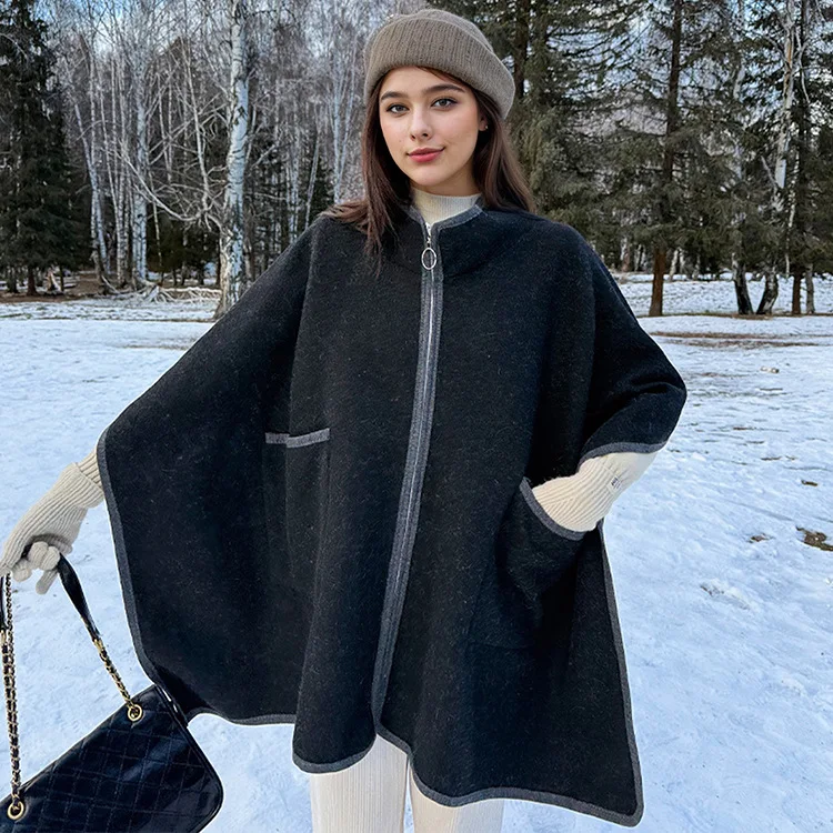High-end Faux Cashmere Poncho Coat Scarf  Women Cloak Autumn Winter New Style Cape Versatile and Stylish with Zippered Lapel P2