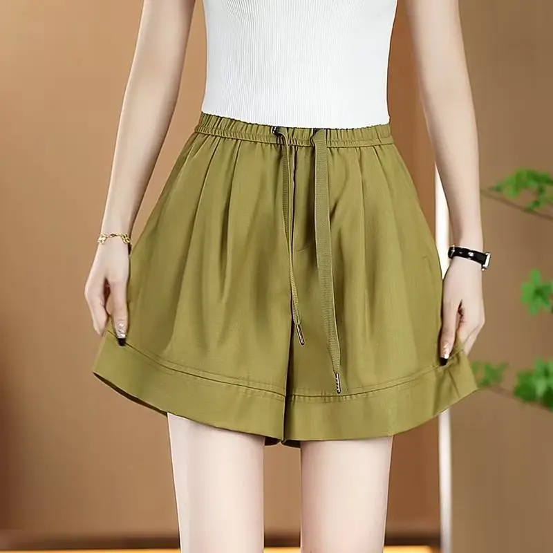 Simplicity Casual New Summer Solid Ice Silk Women's Elastic Waist Drawstring Pocket Fashion Loose High Waist Wide Leg Shorts