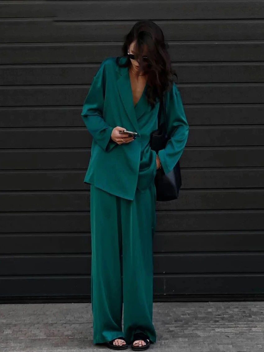 Elegant Green Satin Pants 2 Piece Sets Slweepwear for Women Casual Loose Pajamas Set Long Sleeve Wide Leg Trouser Suit Outifits