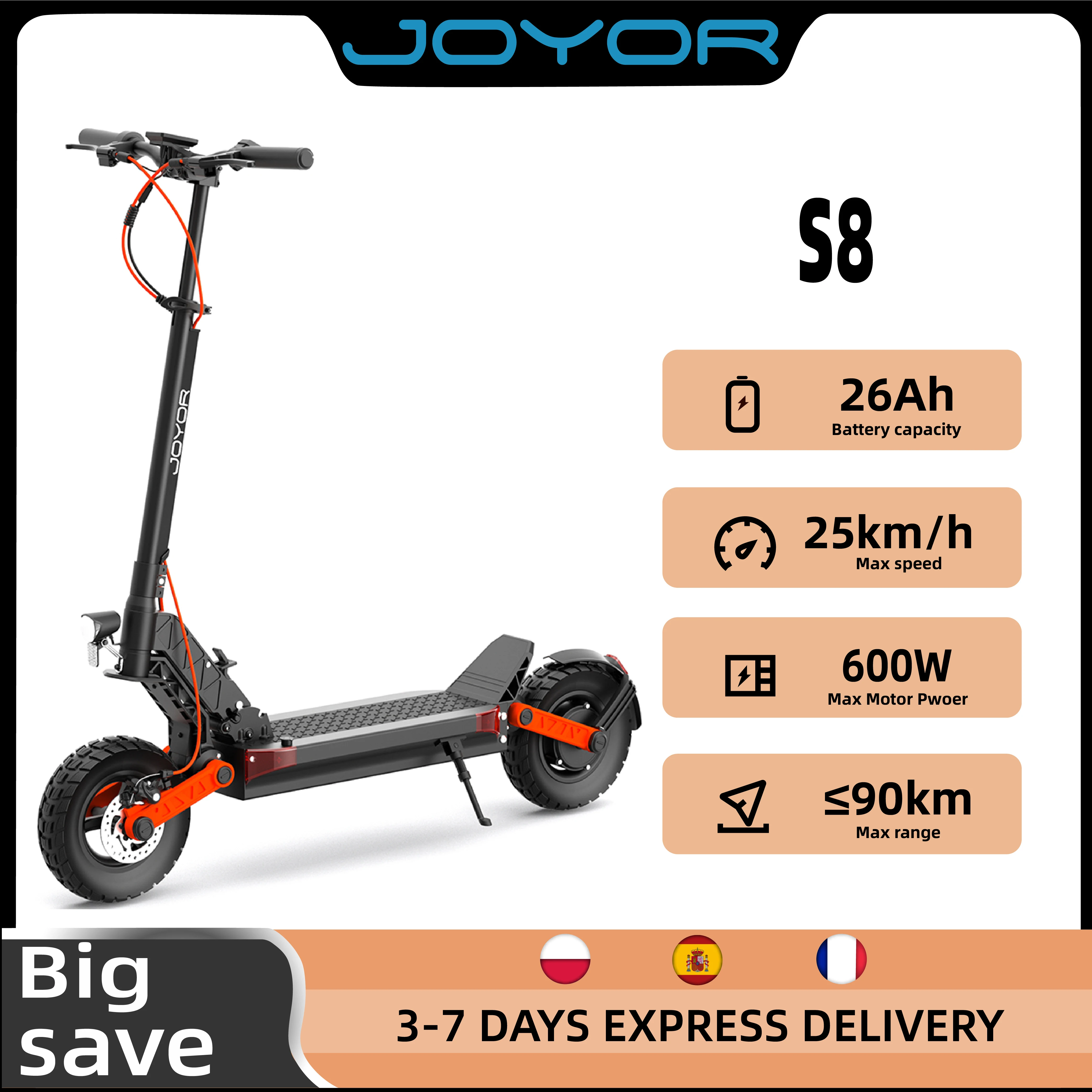 JOYOR S8 Scooter électrique, moteur 600W 48V 26AH batterie adulte e-scooter 10 pouces pneus, vitesse maximale 25 km/h ville déplacement EScooter