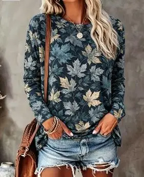 Women Long Sleeve T‑Shirt Autumn Maple Leaf Print Crew Neck Loose Fit Casual Fall Daily Blouse Tops