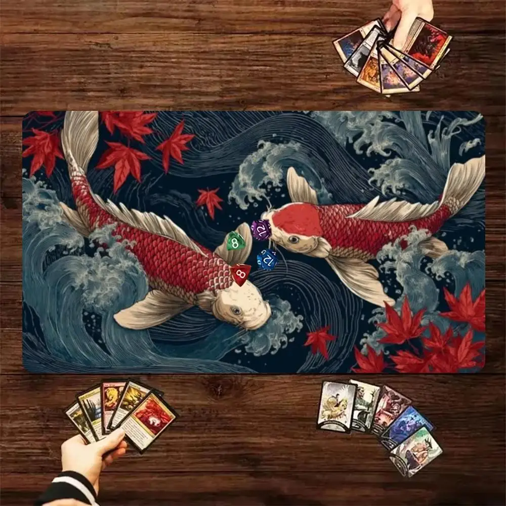 Mouse Pads Traditional Oriental Koi Fish Wave Maple Leaf Print Game Playmat Non-Slip Rubber Base Tabletop Game Mat Large DeskPad