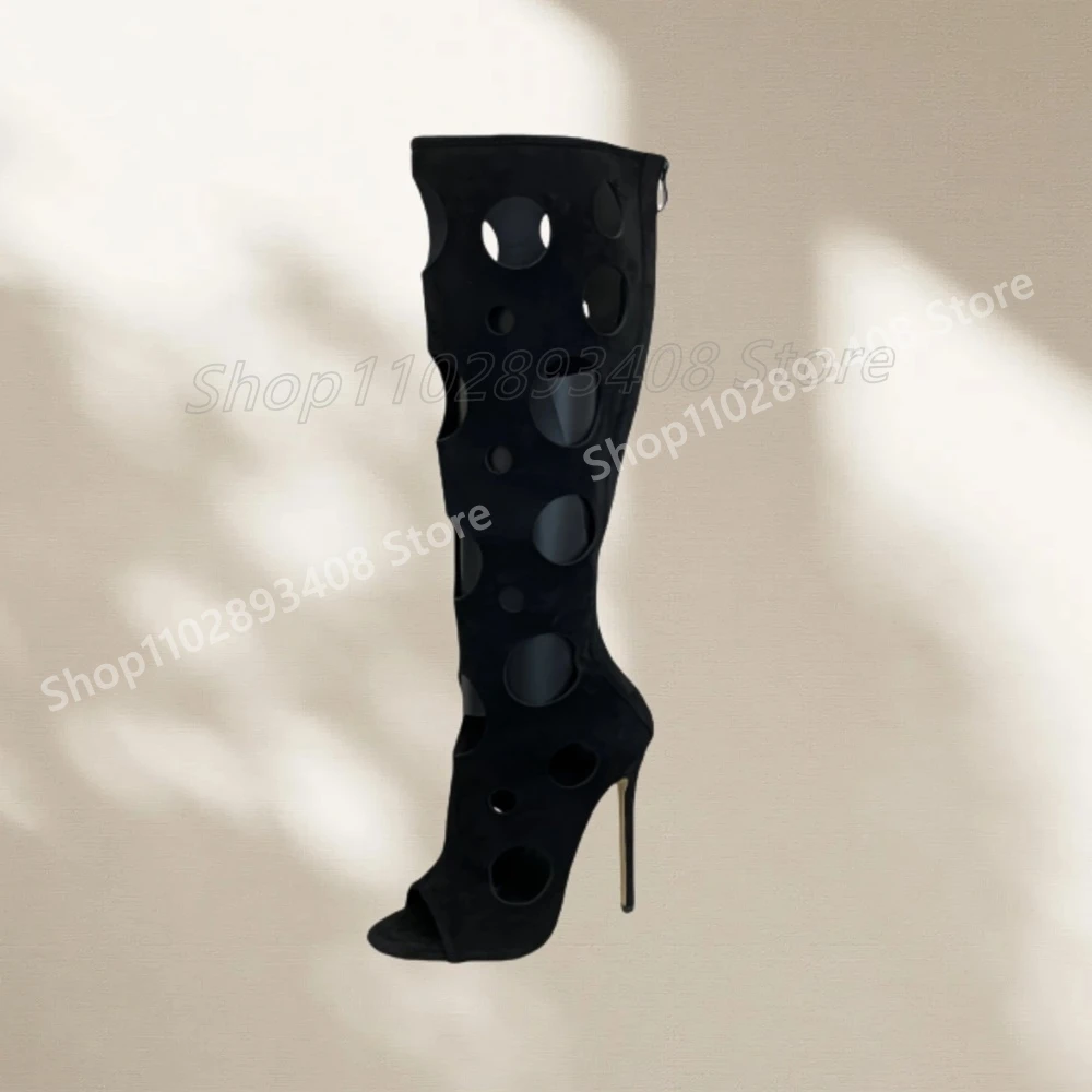 

Black Suede Hollow Round Hole Sandal Boots Open Toe Elegant Back Zipper Sexy Party Women Shoes 2025 Spring Zapatos Para Mujere