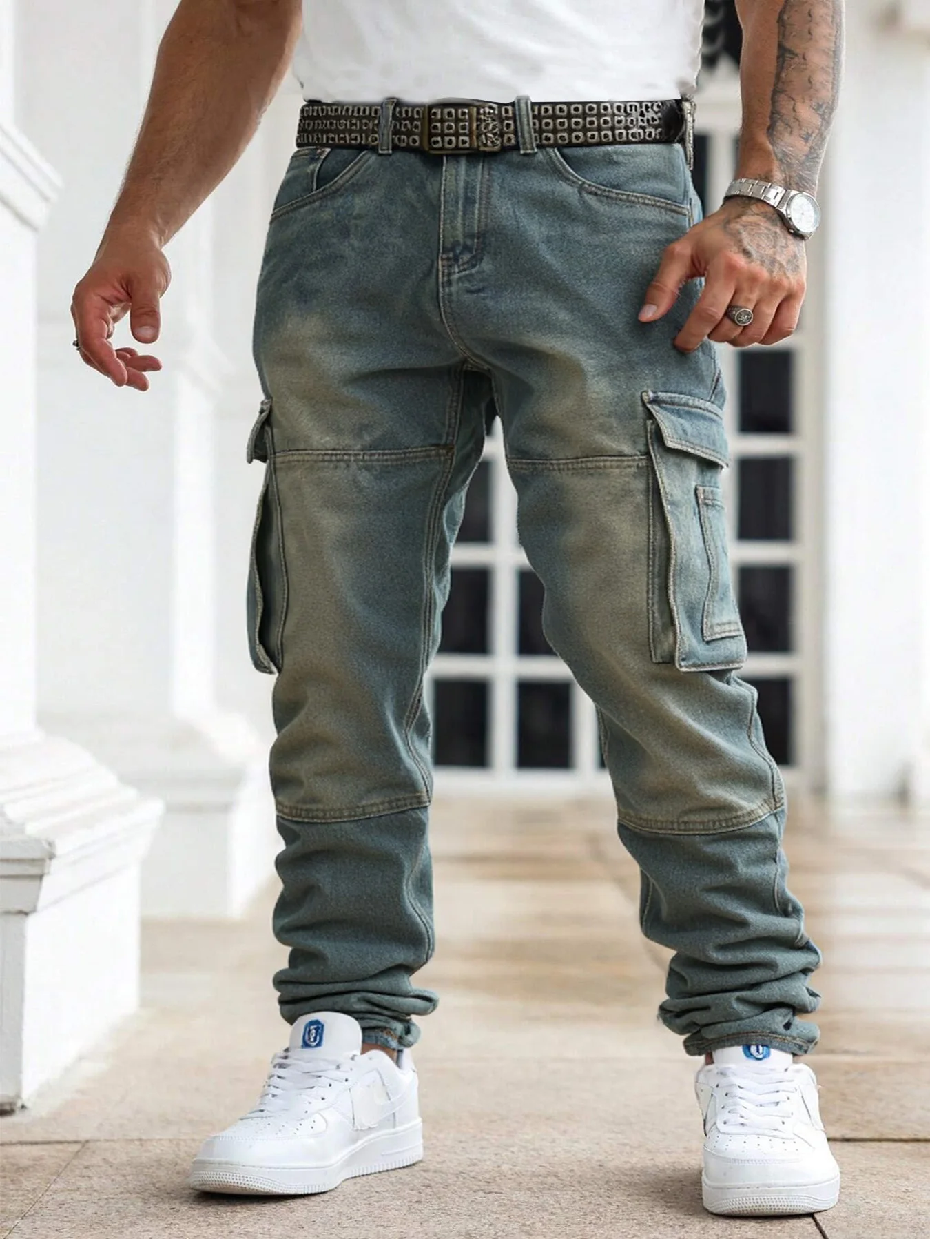 

Plus-size American workwear style jeans with multiple pockets, tapered fit, men's oversized trendy versatile long pants