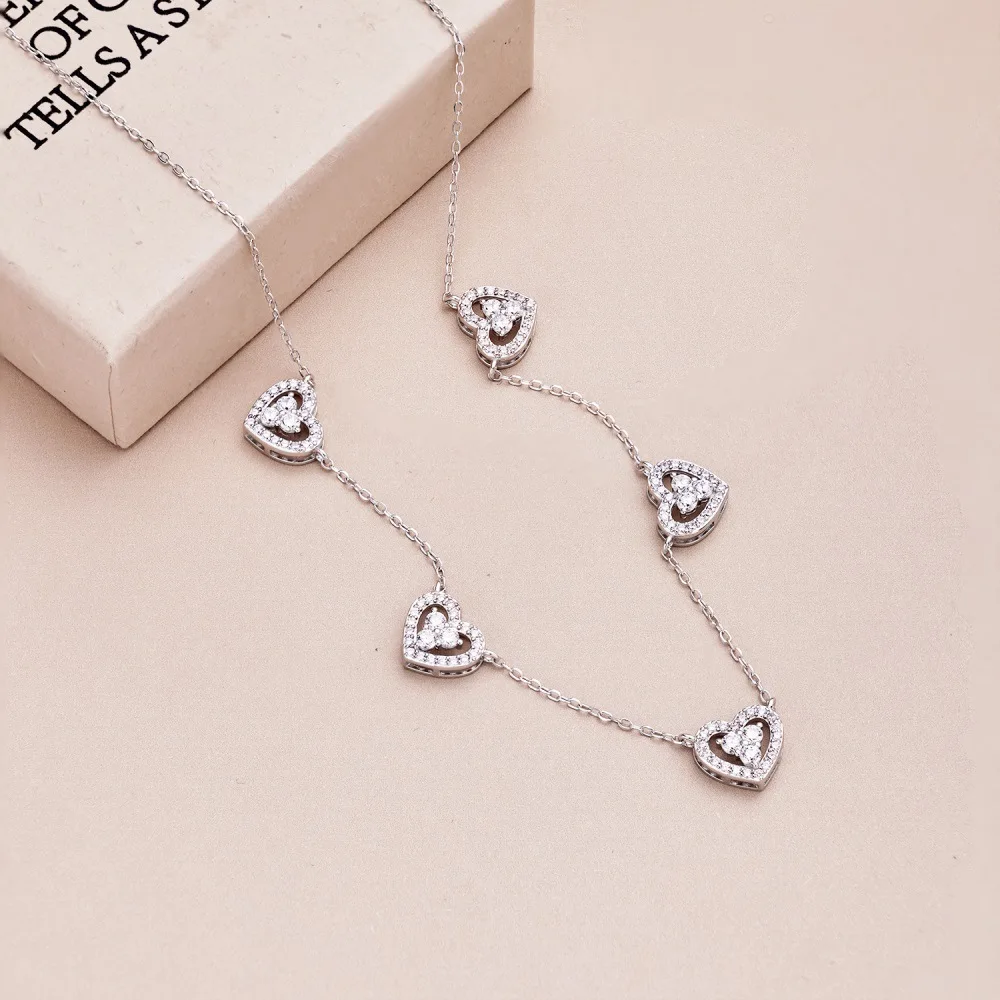 S925 Silver Heart Necklace Women Hollow Diamond Pendant Necklace Female Sparkling 5A Zircon Design Luxury Jewelry Girl Holiday