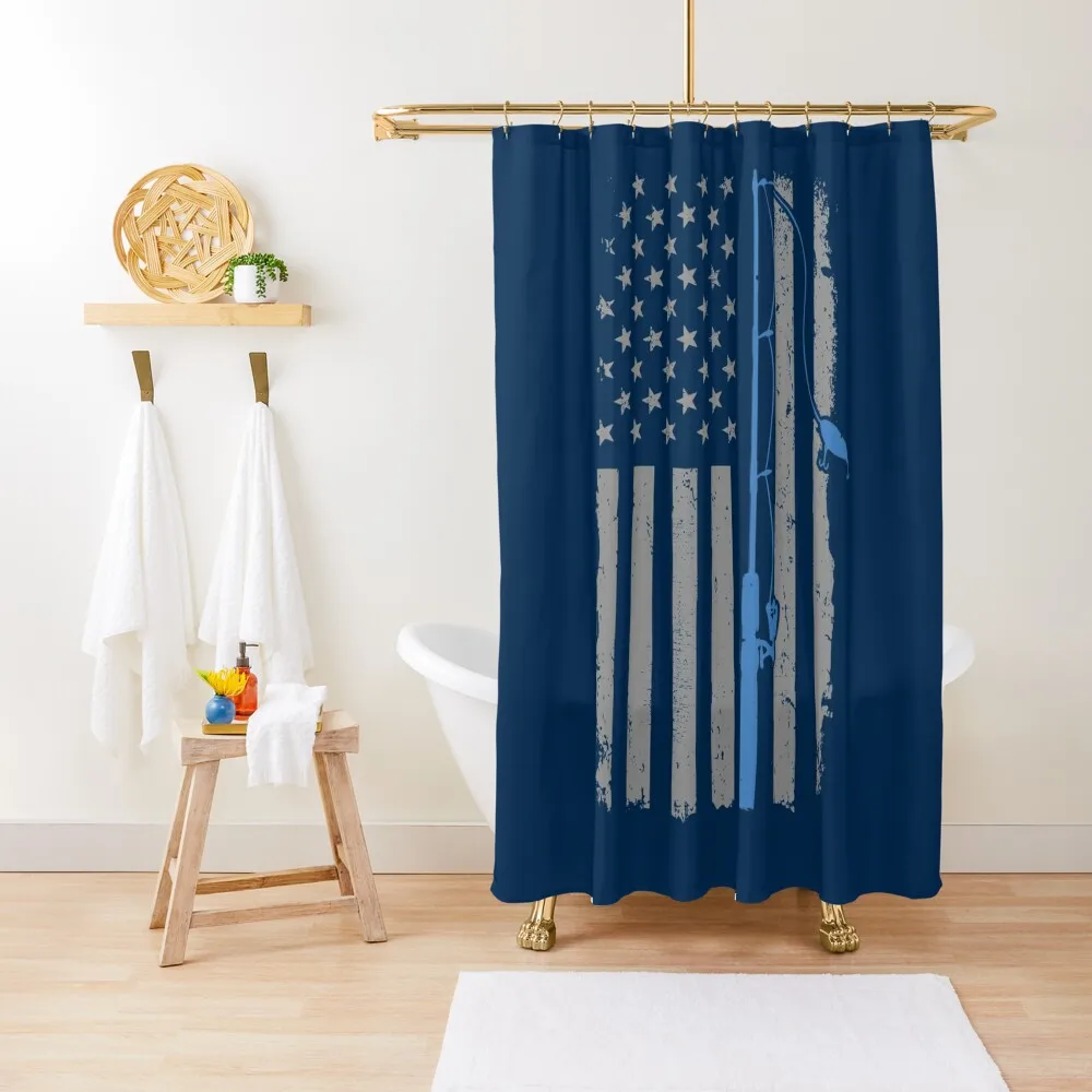 American Fishing USA Flag Vintage Fisher Rod Fisherman Gift Shower Curtain Waterproof Fabric Shower In The Bathroom Curtain