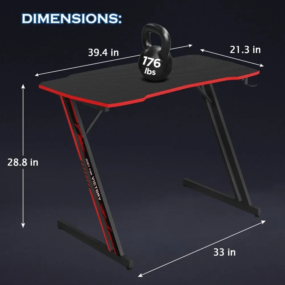 Escritorio moderno en forma de Z para ordenador, mesa de estación de trabajo resistente con espacioso, 39 pulgadas, con gancho para auriculares, para oficina en casa