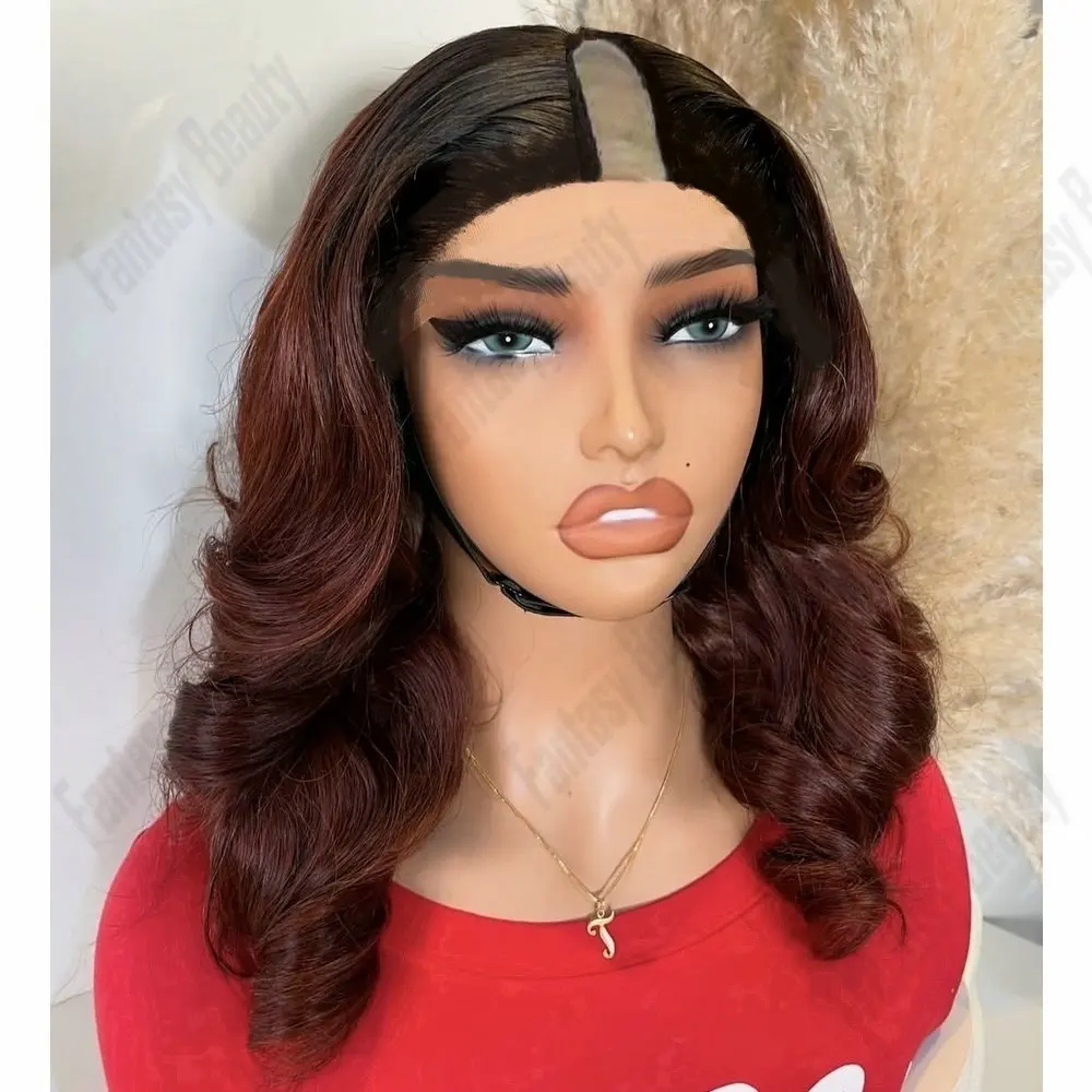 

Натуральные индийские волосы, омбре с темными корнями, красновато-коричневые, 1x4, V-образные парики для чернокожих женщин, без клея, U-образные парики, волнистые, натуральные волосы