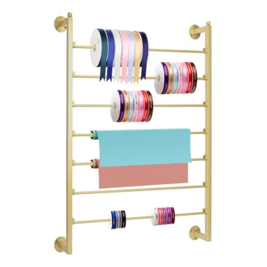 

31.5-inch Wall Mounted Golden Metal Ribbon Storage Organizer with 7 Tiers for Craft Room Flower Shop Cake Shop Gift Wrapping Pa