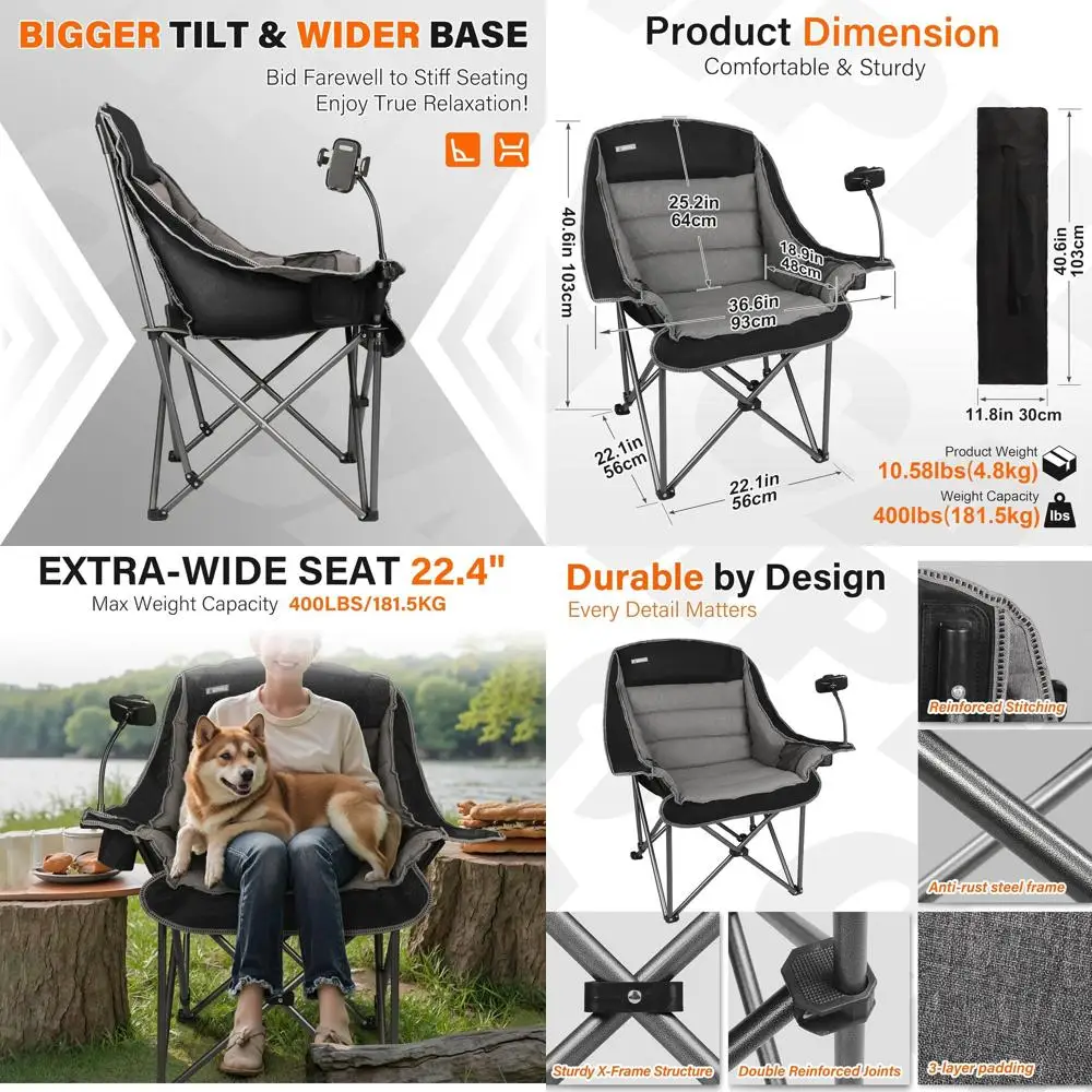 

Extra Large Comfortable Folding Lawn Chair for Adults - Oversized Padded Seat with Phone Holder, Side Pocket, Cup Holder, 400 lb