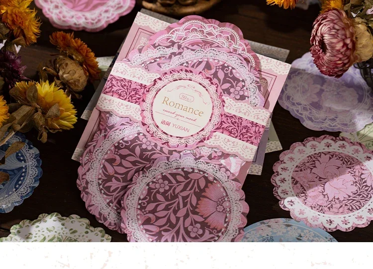 50 Stück, 4 Varianten, Handgefertigte Zeltdekoration, Serie mit Spitze und Kranz, Material für Notizblöcke, Sammlung von Blumen und Märchenmotiven, Papier. – Detail 6
