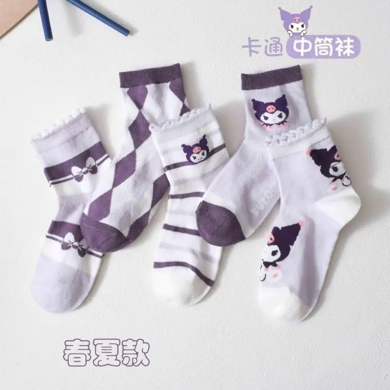 5Pcs Summer Sanrios Socks Kawaii Kuromi Melody Cinnamoroll New Mesh Breathable Sweat Wicking Versatile Parent Childs Short Socks