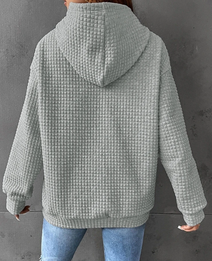 Women's Casual Top 2024 Spring Summer Latest British Style Solid Color Textured Hooded Drawstring Long Sleeved Commuting Hoodie