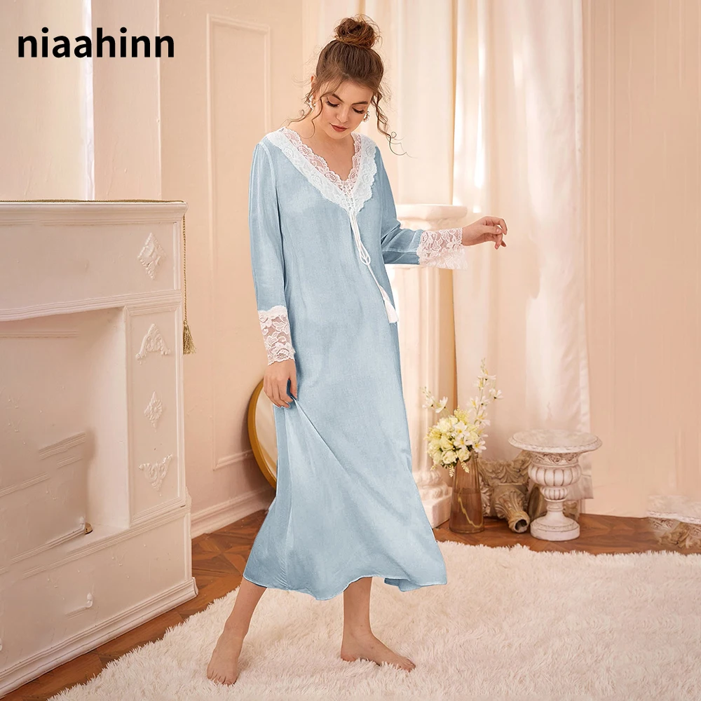 Long Nightgown Women Modal Home Dress V-Neck Solid Fashion Long Sleeves Night Gown Women New Autumn Winter Night Women Sleepwear