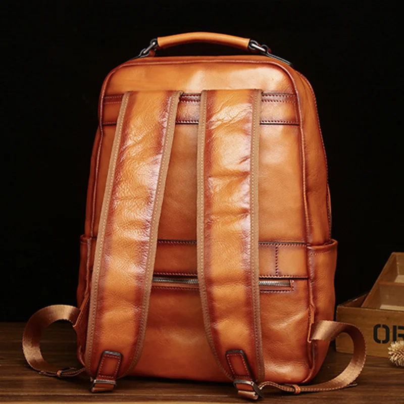 Tree Cream Cowhide Backpack for Men\'s Advanced Head Layer Leather Large Capacity Casual Wearable Trolley Case Computer Bag