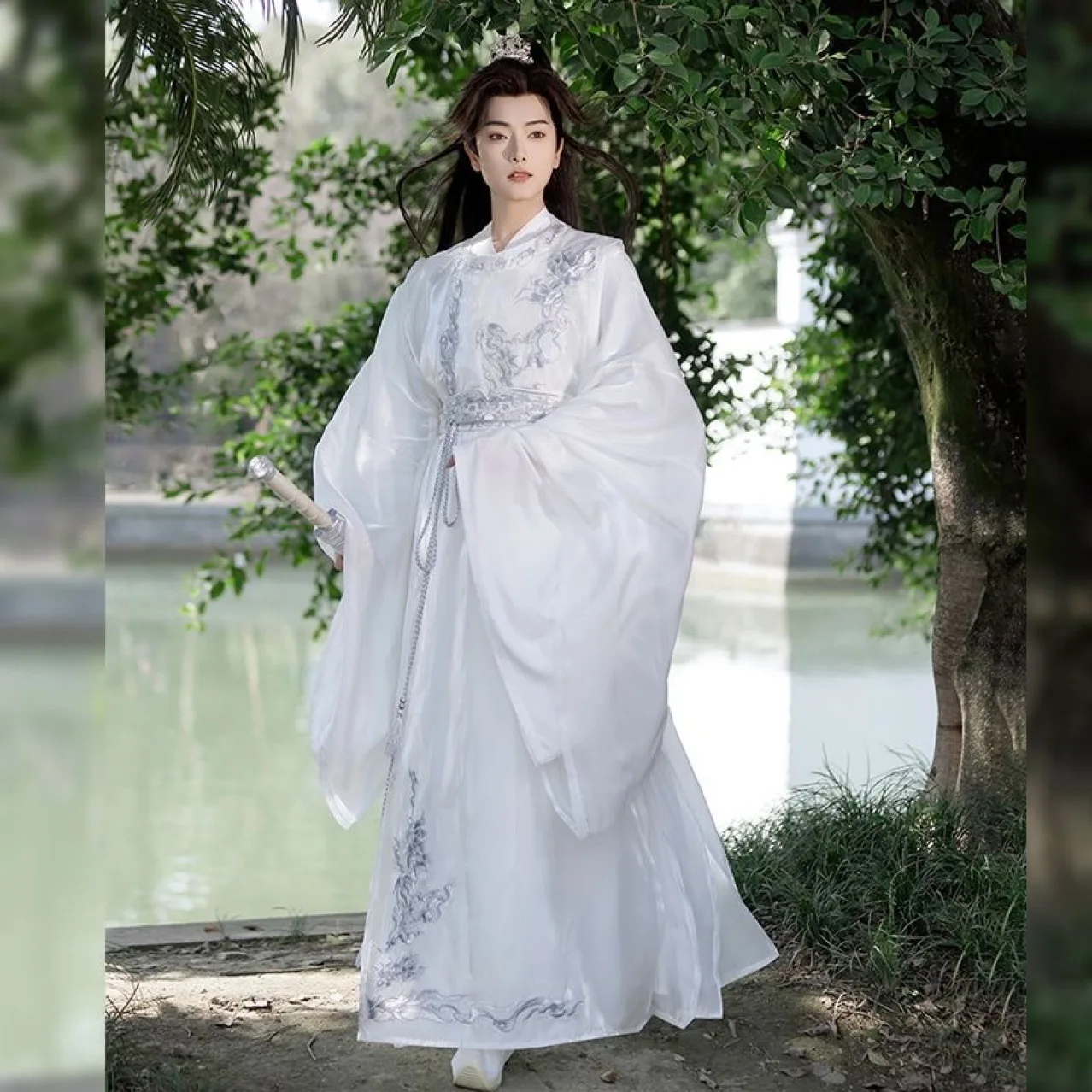

Hanfu Embroidery round Neck Gown Spring and Summer New Style White Men's Women's Ancient Flowing