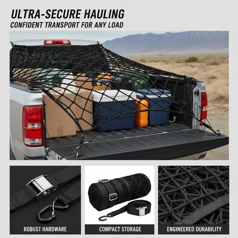 Truck Bed Webbing 96" x 81" For Pickup SUV Boat, Heavy Duty Load Restraint Adjustable Straps Carabiners S-Hooks Wear-resistant Weather-proof Cargo Organizer Mesh Net - view 7