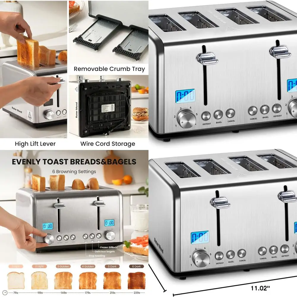 

Тостер из нержавеющей стали на 4 ломтика с функциями для багелей, разморозки, отмены приготовления, двойным управлением, широкими слотами, 6 уровнями жарения, съемными лотками для крошек