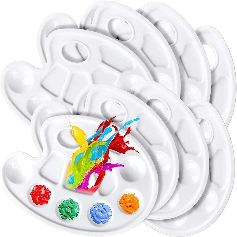 10/20/30/40 Pcs Oval-Shaped Plastic Paint Palette - 6-Well Mixing Tray with Thumb Hole for Watercolor/Gouache Art Supplies