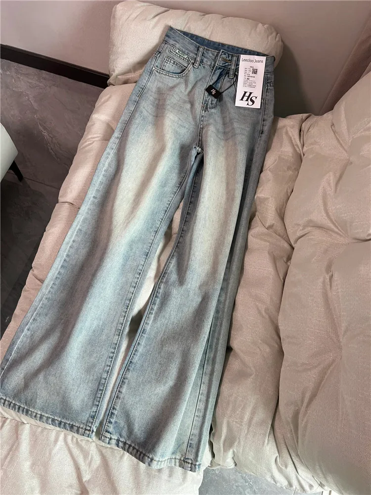 

Американские джинсы прямого кроя светло-голубого цвета для женщин, летние, свободные, удлиненные, узкие, широкие брюки-клеш