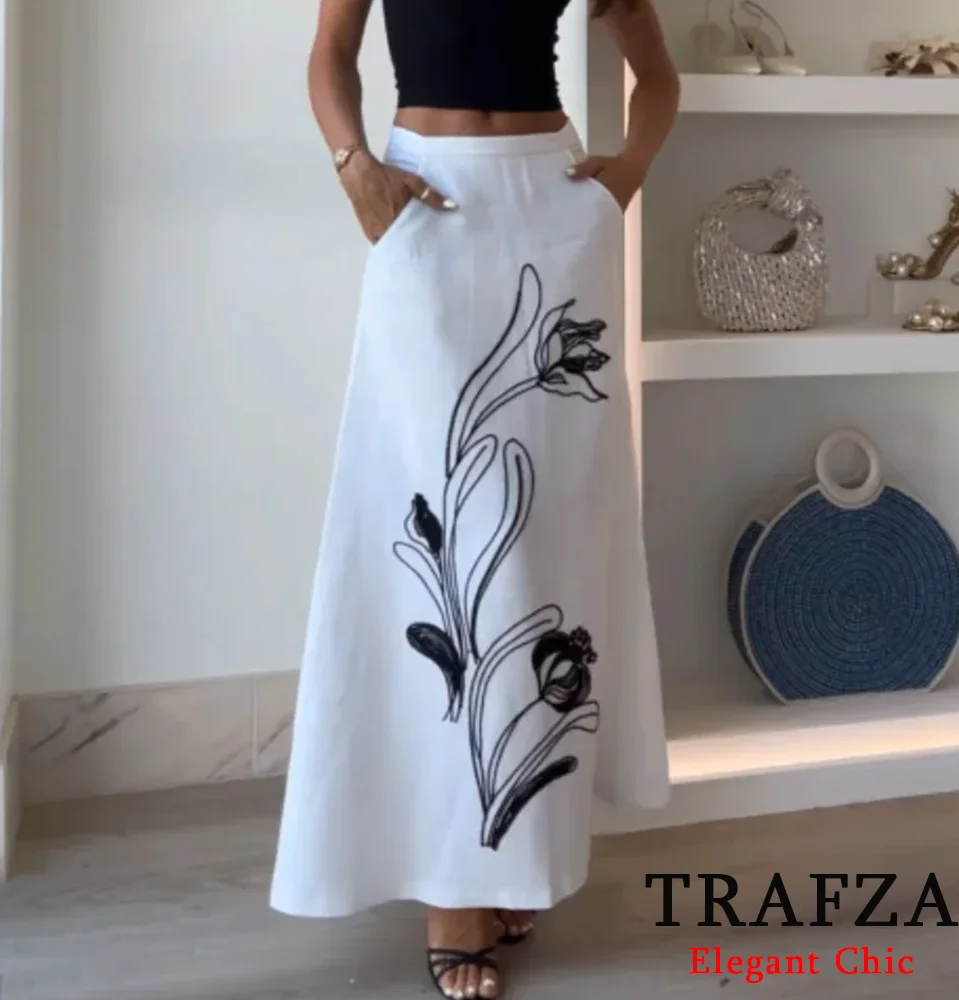 TRAFZA-Saias bordadas casuais elegantes para mulher, elemento chinês, saia com bolsos, nova moda, verão, 2024