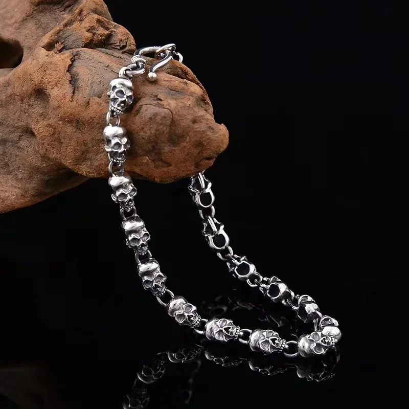 Vintage Gothic Male Female S925 Sterling Silver Skull Chain Bracklets for Men Women Punk Hiphop Party Jewelry Accessories Gifts