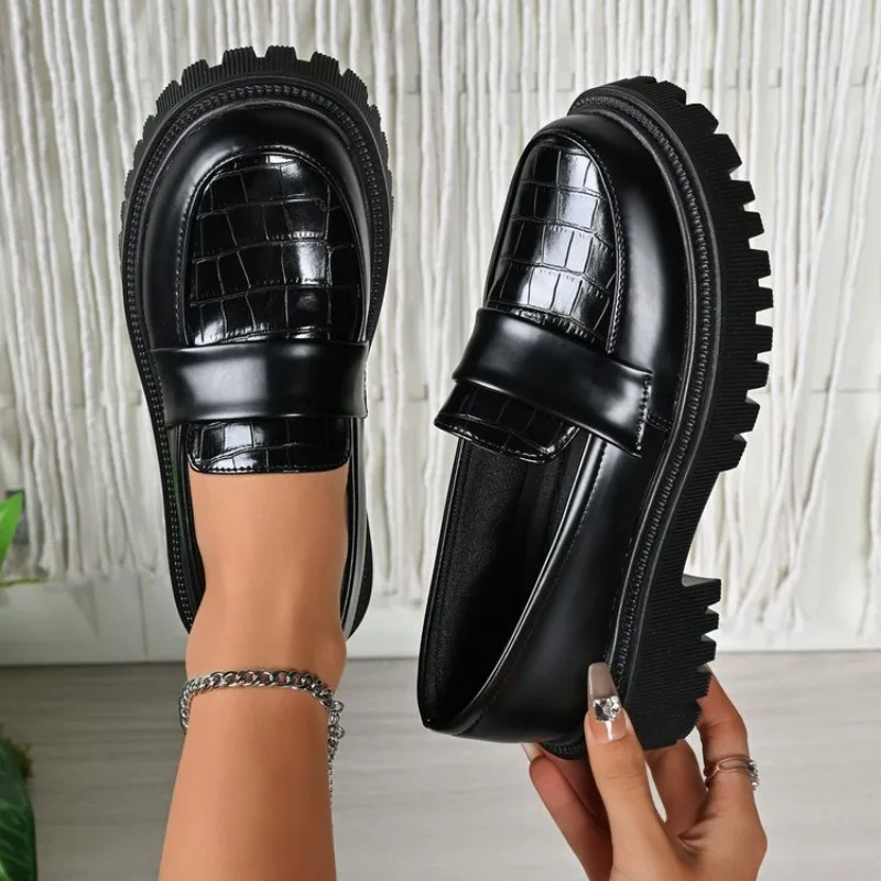 Women's Loafers Round Toe Chunky Platform Heels Slip On Croc-Embossed Finish Dressy Casual School Office Everyday Footwear 2026