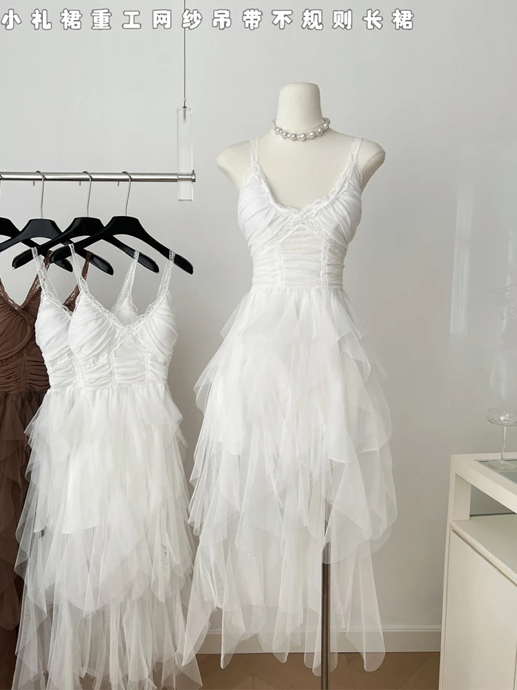 Sommerliches Damen-Midikleid im französischen Vintage-Stil, Coquette Gyaru Spaghetti-Träger-Kleid mit unregelmäßigem Design, Abendkleid, einteiliges Shoujo-Kleid