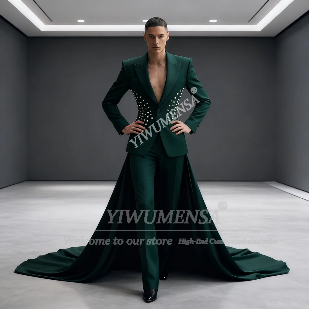 بدلة صلبة حصرية للرجال مع كيب طويل مخصص واحد الصدر للحفلات الراقصة ملابس لؤلؤية لحفلات الزفاف والعريس البدلات الرسمية Ropa Hombre
