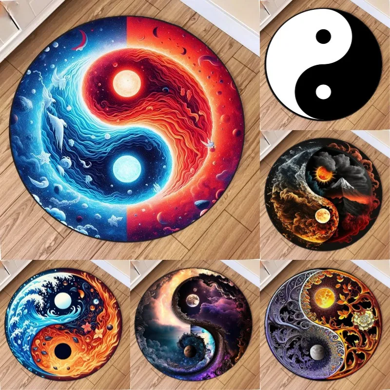 Yin Yang Tai Chi Diagram Round Area Rug Non-Slip Wear-resistant Circle Carpet for Living Room Bedroom Soft Floor Mat Home Decor