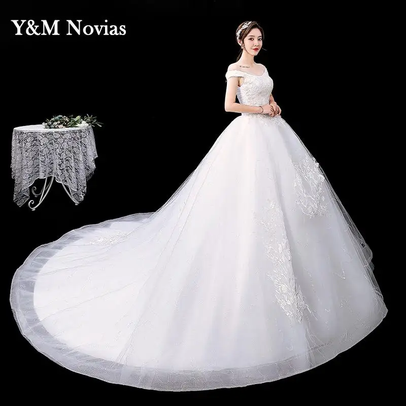 Korean Simple Sexy Boat Neck Off the Shoulder Wedding Dresses Fashion Princess Lace Appliques Bridal Dress Gown Vestido De Noiva