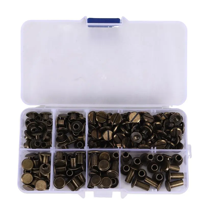 HOTA43T 90 Sets Chicago Screws Assorted Kit, 6 Sizes Of Round Flat Head Leather Rivets Metal Screw Studs For DIY Leather Craft