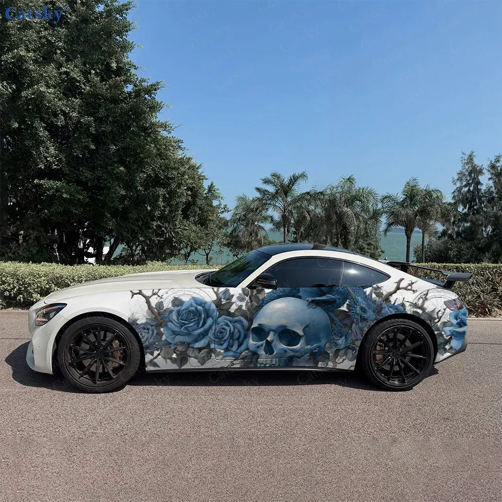 2pcs Roses Cluster Skull Winged Car Side Wraps, Self-Adhesive PVC Waterproof & Scratch-Resistant Stickers, Car Accessory Gift