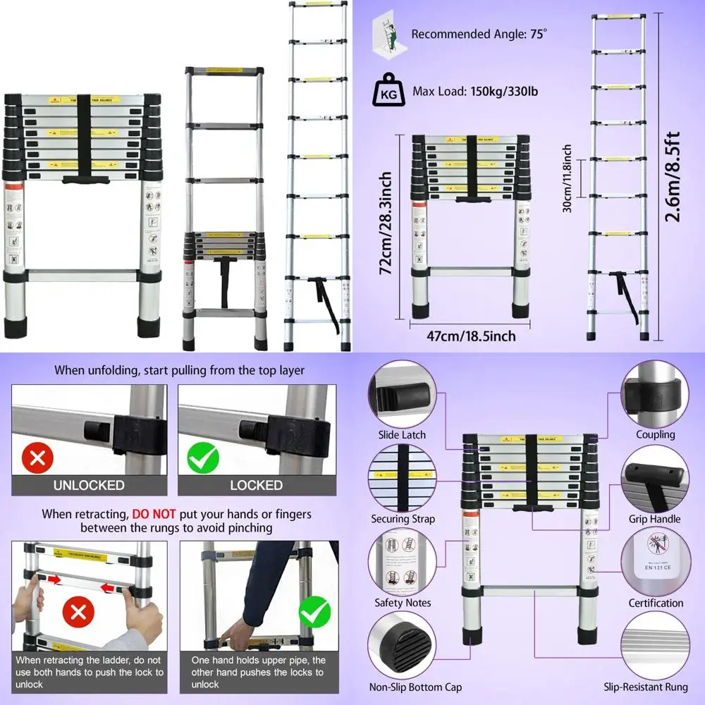 سلم تلسكوبي قابل للطي من الألومنيوم - 8.5FT/2.6M خفيف الوزن ومحمول - معتمد من EN131 - يدعم سعة 330 رطلًا #1