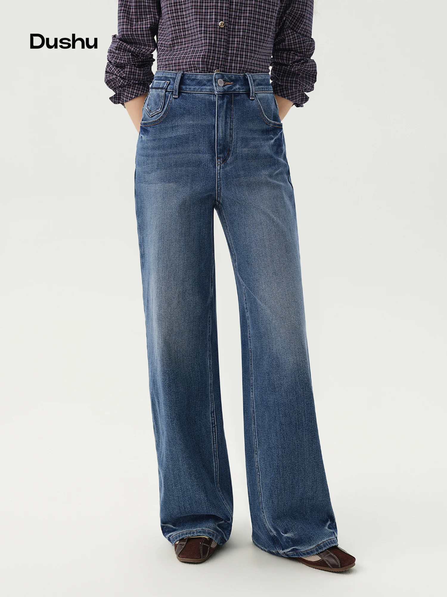 DUSHU 2026 Winter Women's Fleece-Lined Four-Way Stretch Straight Leg Jeans - Flattering Versatile Casual Pants for Daily Wear