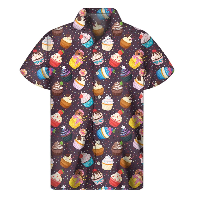 Cartoon Cupcake Graphic Hawaiian Shirts For Men 3D Print Food Lapel Shirt Summer Street Loose Tees Button Short Sleeves Blouse