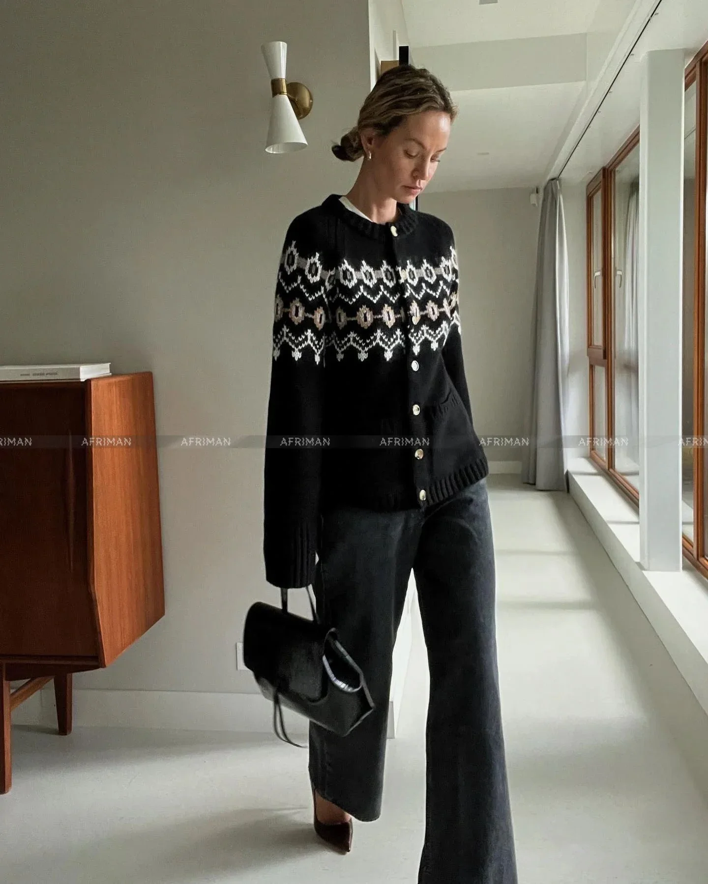 

Women Fair Isle Geometric Jacquard Cashmere Waist Knit Cardigan