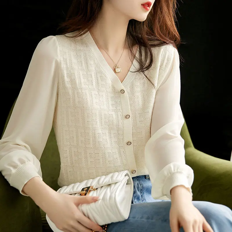 2023 Women\'s Clothing New Spring Autumn Solid Color V-Neck Long Sleeve Chiffon Basic Fashion Casual All-match Blouse