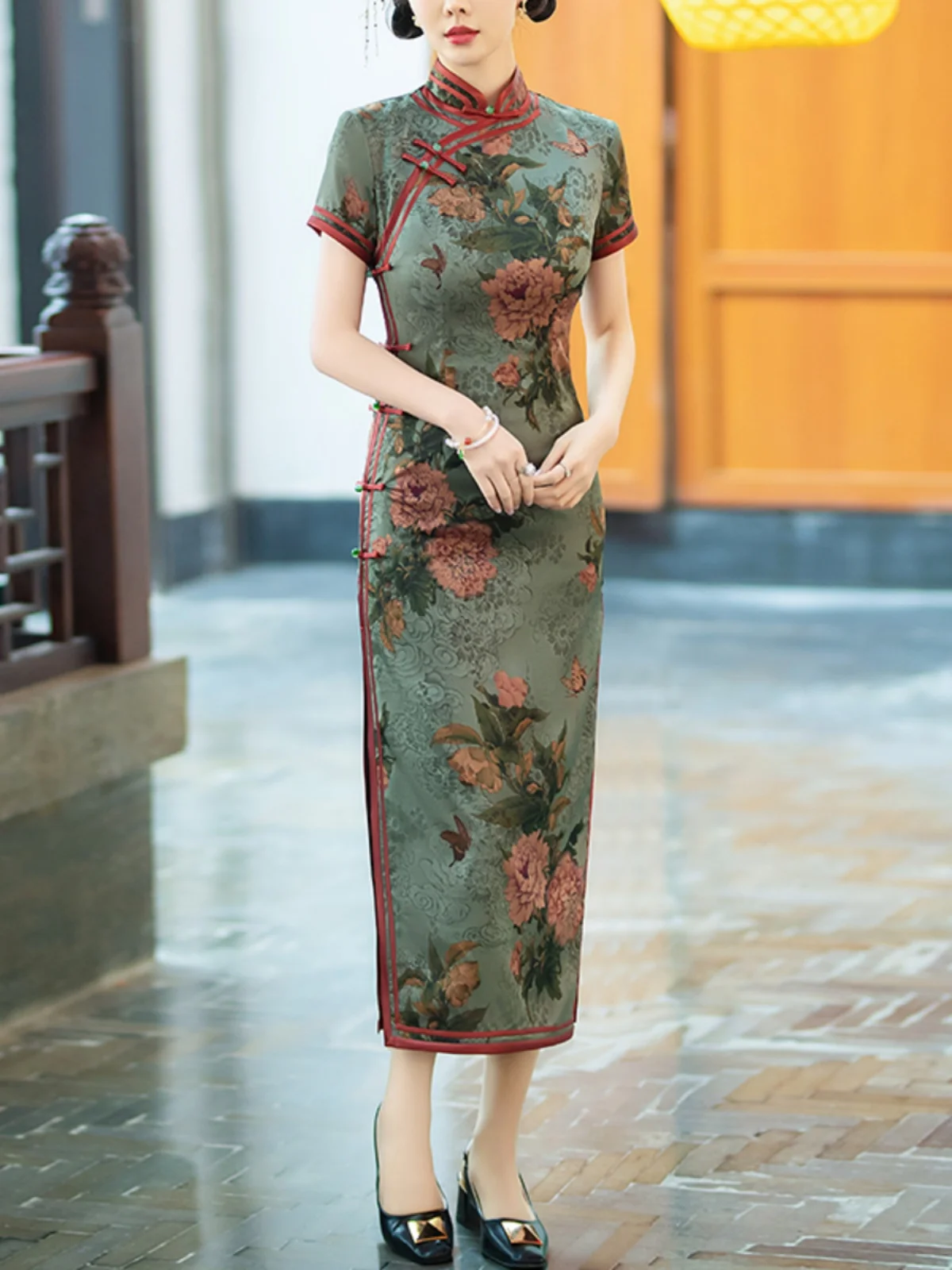 

Chinese Sle Long Qipao Dr Vintage Republic of China Faion Midlife Mommy Ele Floral Pattern ort Sve Daily Wear