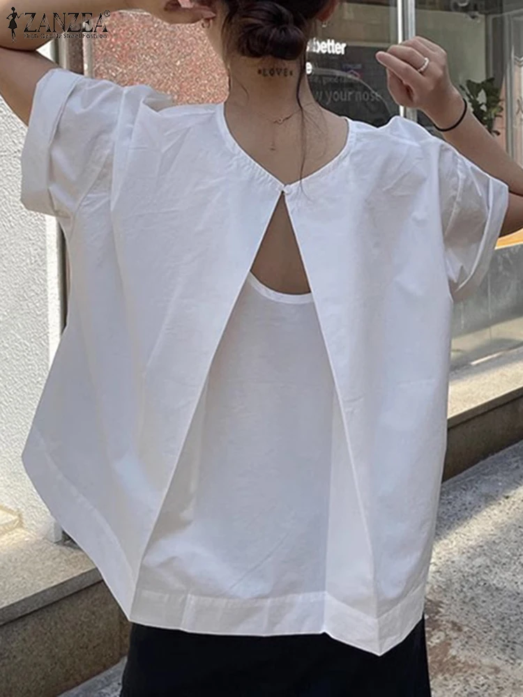 Zanzea mulheres férias blusa de verão casual solto cor sólida camiseta moda manga curta topos 2025 verão sem costas túnicas blusas