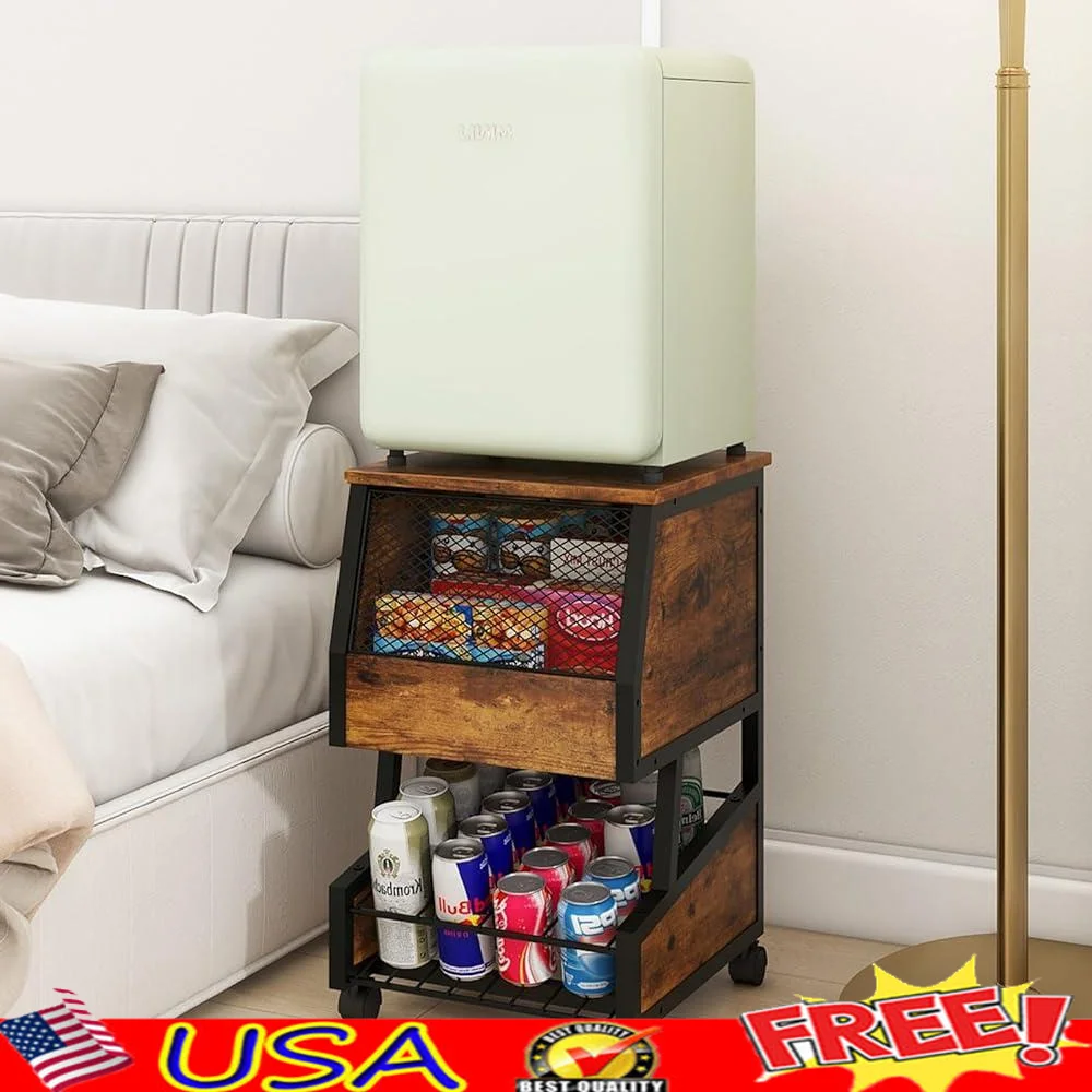 حامل ثلاجة مدمج مع مساحة تخزين المشروبات، عربة ثلاجة صغيرة قابلة للقفل، منظم للوجبات الخفيفة، سهل التجميع