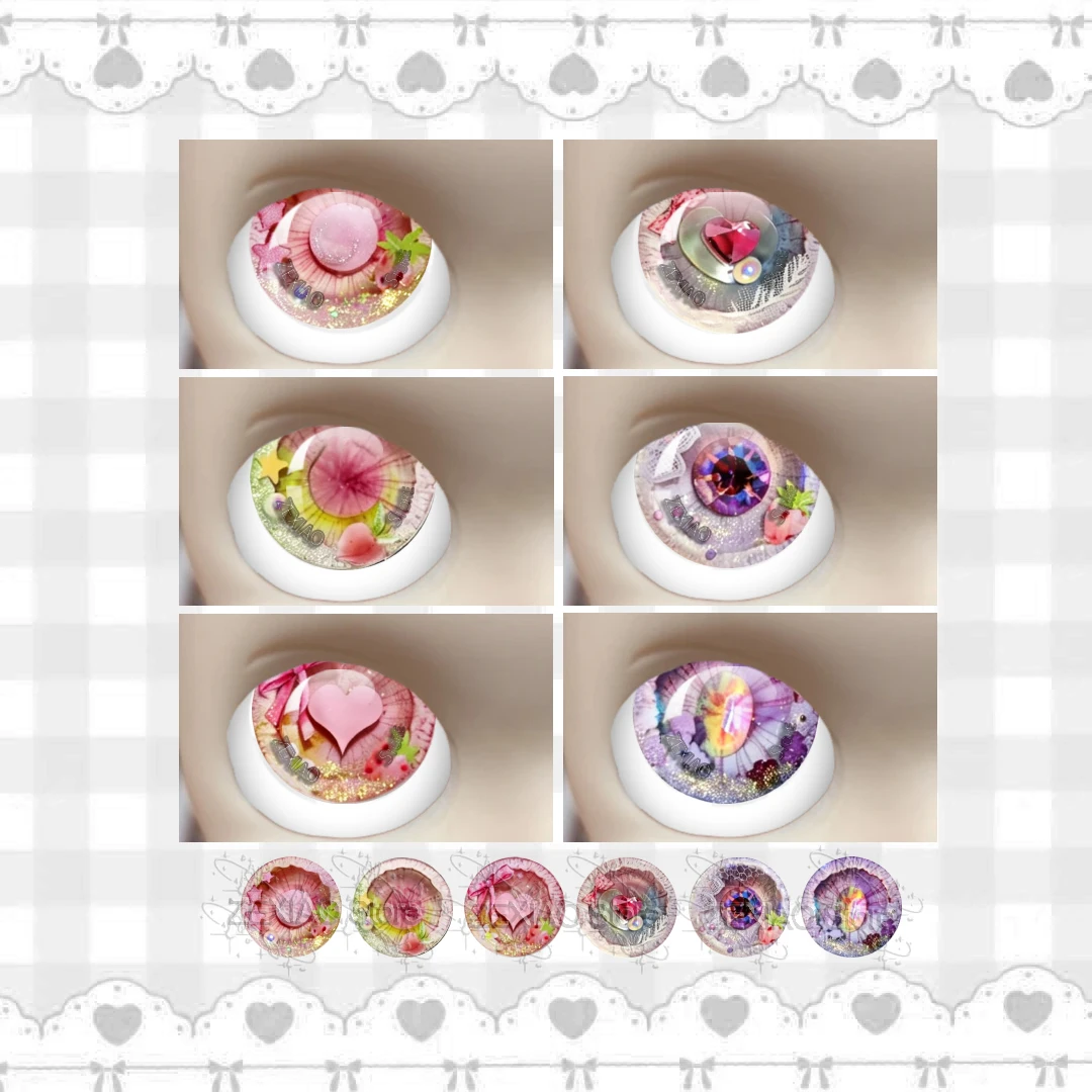 Sweet Cute Heart Bow Strawberry Pattern Blythe BJD Doll Glass Cabochon Eye Pupil Chips Fantasy Girly  DIY Doll Accessories MS008