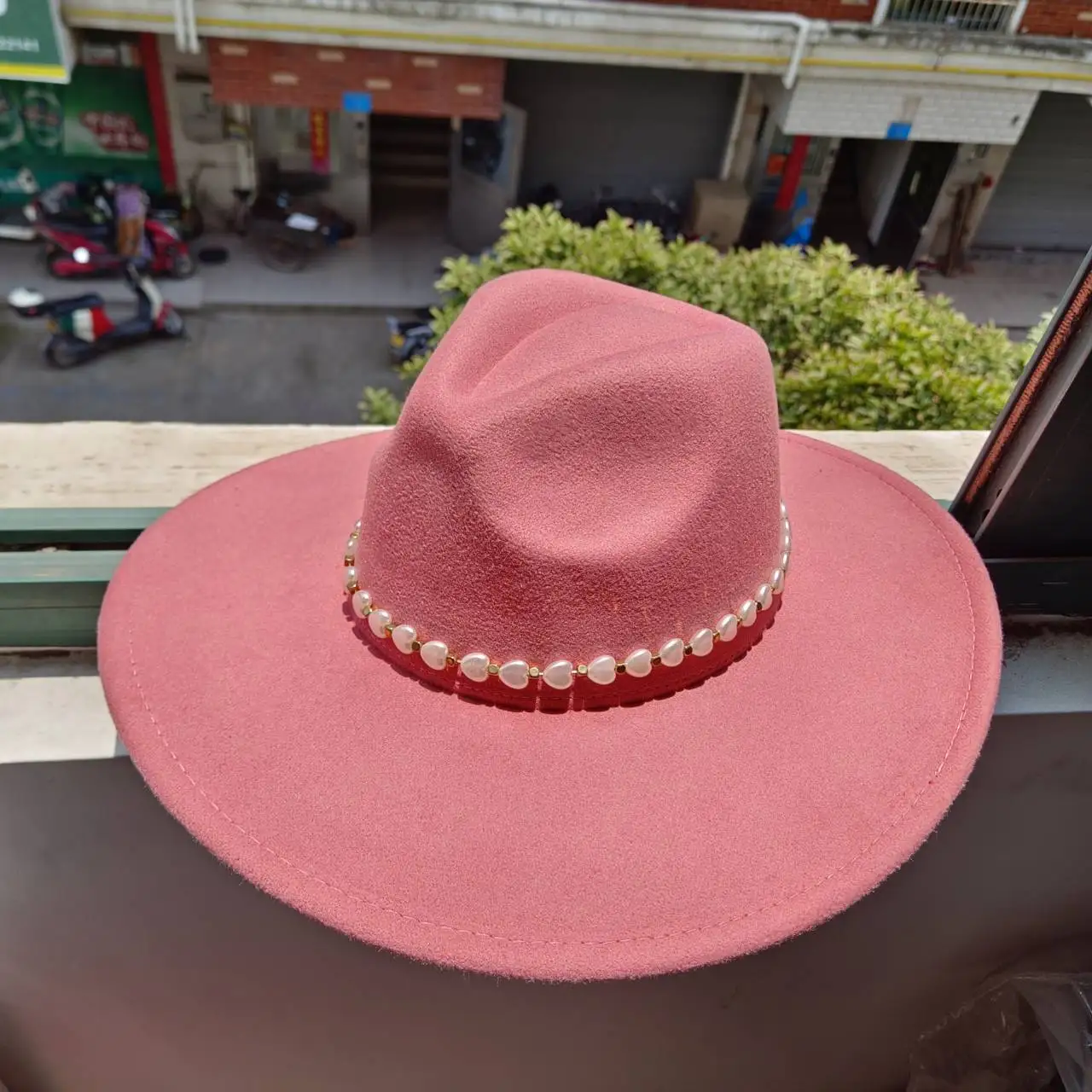 suede leather fedora wide brim hats wool fedora  movie pink women hats  party hat church hat wedding hat cowboy hat pearl chain