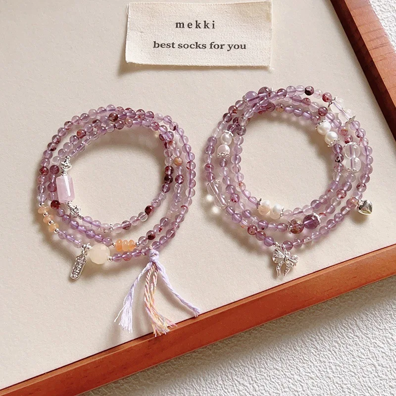 

Многослойный браслет из натурального фантомного кристалла для женщин, нишевый браслет с аметистом и жемчугом, расшитый бисером, легкий, роскошный, элитный, на ощупь